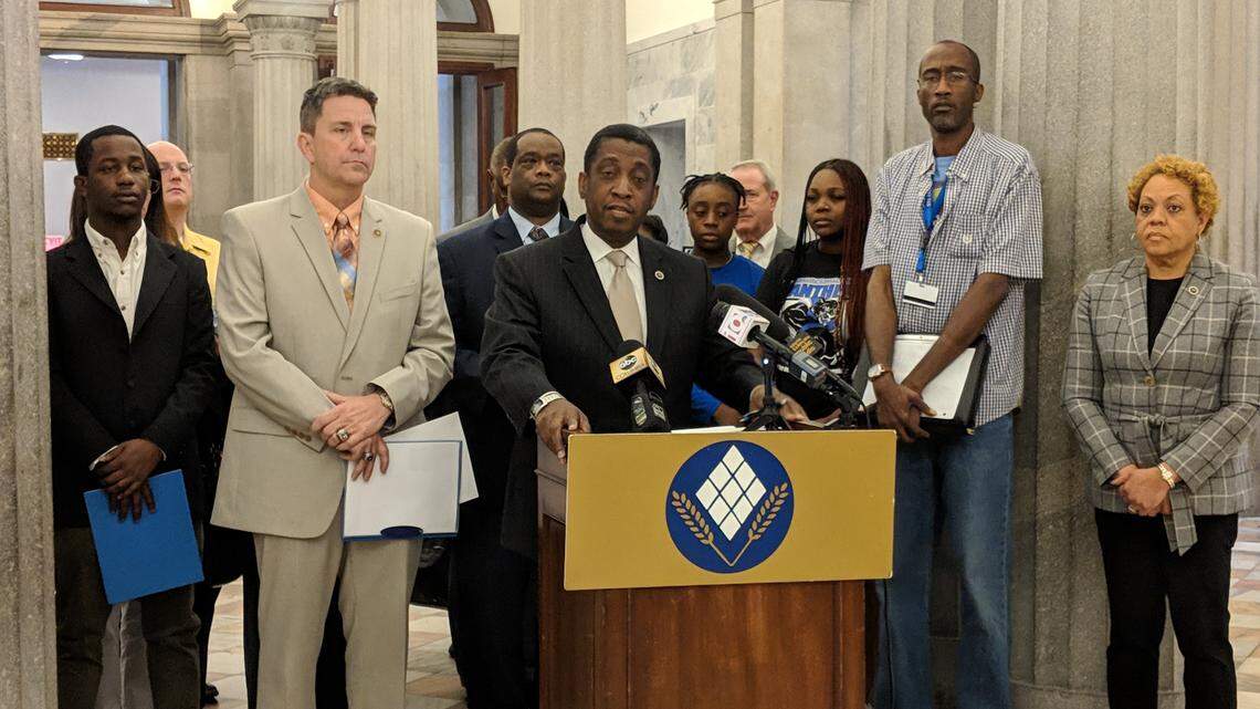 Rep. Jerry Govan speaks at a March 11, 2019 press conference supporting Denmark Technical College. He is joined by: Denmark Tech student Esdraelon Woody (left), Bamberg County Council Chairman Kerry ‘Trent’ Kinard, Denmark Tech Interim President Christopher Hall, and other students from Denmark Tech.