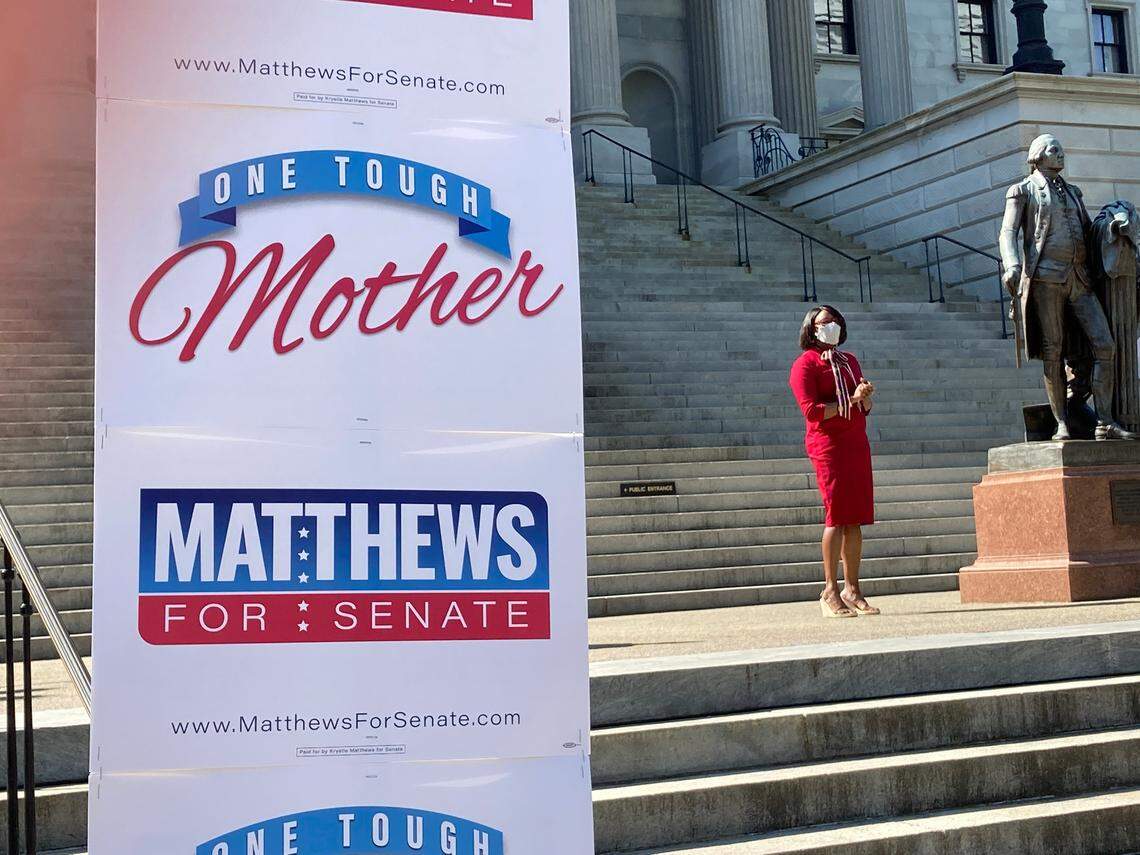 South Carolina Rep. Krystle Matthews, D-Ladson, listens to speakers during her announcement that she will run for U.S. Senate in 2022 against Republican U.S. Sen. Tim Scott on Tuesday, April 13, 2021, in Columbia, South Carolina. Matthews said she thinks she can register 150,000 new voters to help her beat the incumbent.