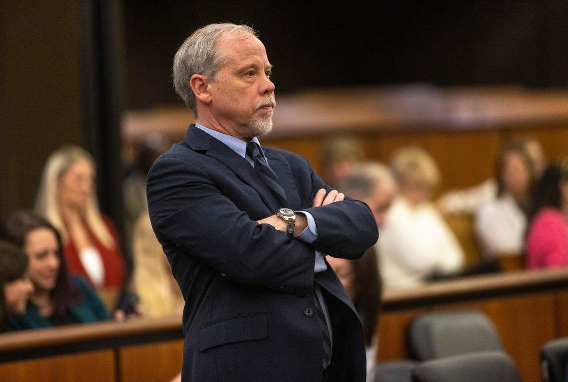 Prosecutor Creighton Waters listens to former S.C. Chief Justice Jean Toal during the Alex Murdaugh jury-tampering hearing at the Richland County Judicial Center on Monday, January 29, 2024 in Columbia, South Carolina. The hearing allegations against Colleton County Clerk of Court Rebecca “Becky” Hill ruled by former S.C. Chief Justice Jean Toal.