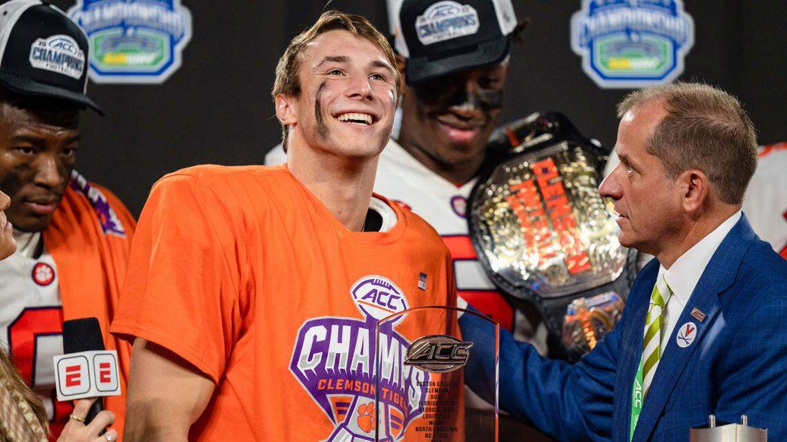 Clemson quarterback Cade Klubnik smiles after being named game MVP after Clemson defeated North Carolina in the Atlantic Coast Conference championship NCAA college football game Saturday, Dec. 3, 2022, in Charlotte, N.C. (AP Photo/Jacob Kupferman)