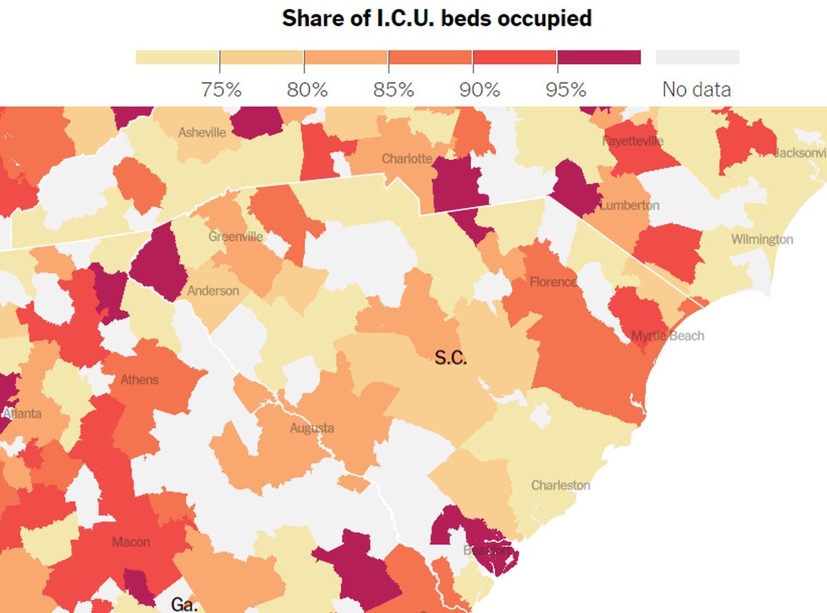 A new map tool, created by the New York Times using data from the U.S. Department of Health and Human Services, shows how many ICU beds are filled at hospitals across the country.
