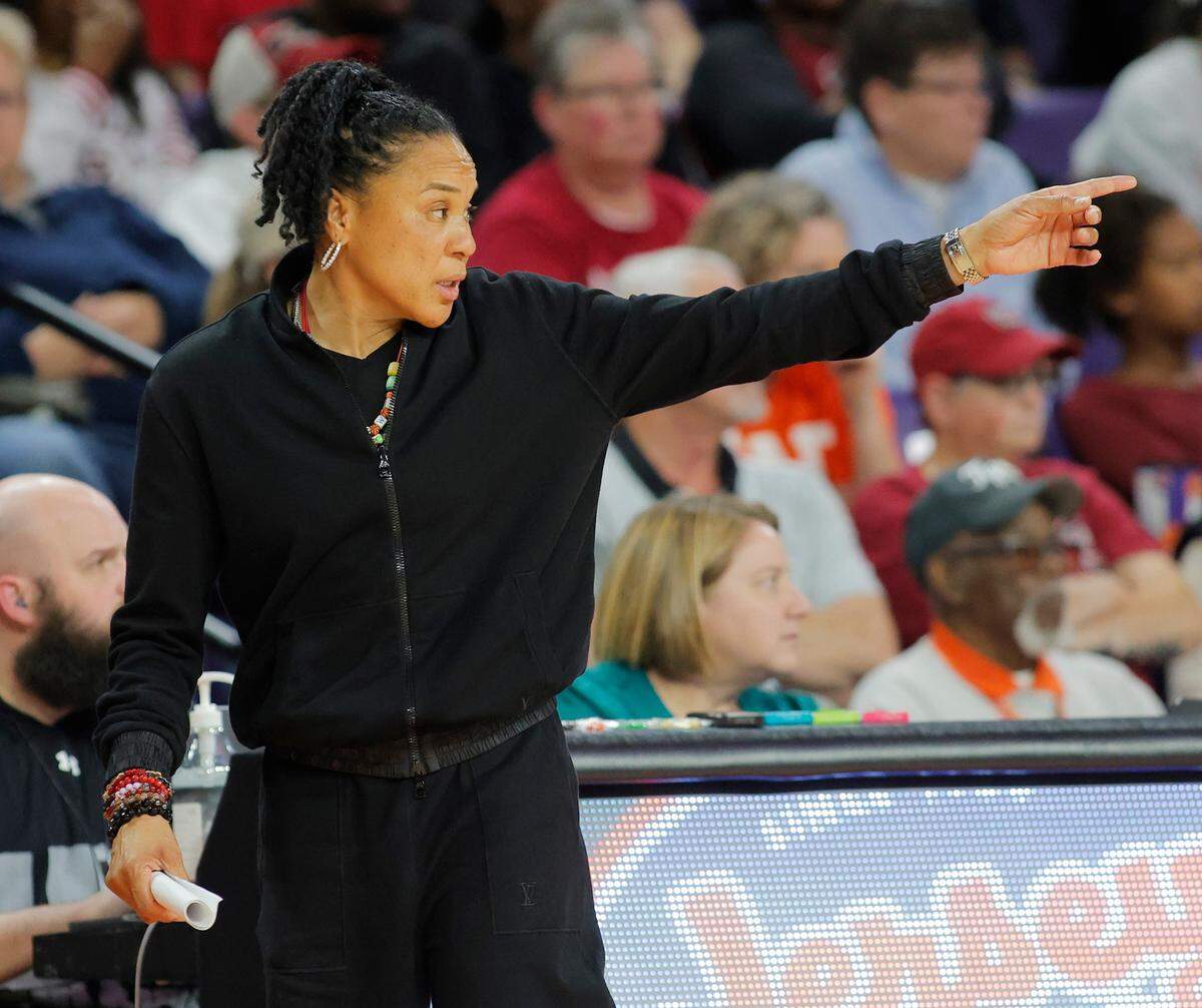 South Carolina head coach Dawn Staley is seen during second-half action of the Clemson game in Clemson, S.C. on Wednesday, Nov. 20, 2024.