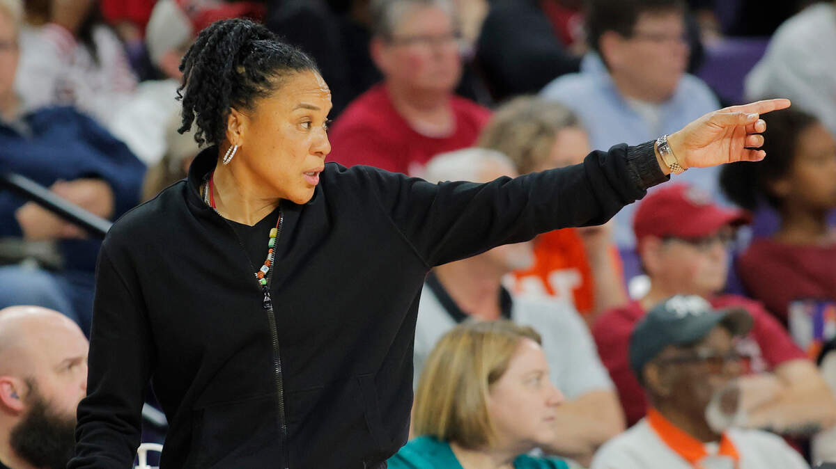 South Carolina head coach Dawn Staley is seen during second-half action of the Clemson game in Clemson, S.C. on Wednesday, Nov. 20, 2024.