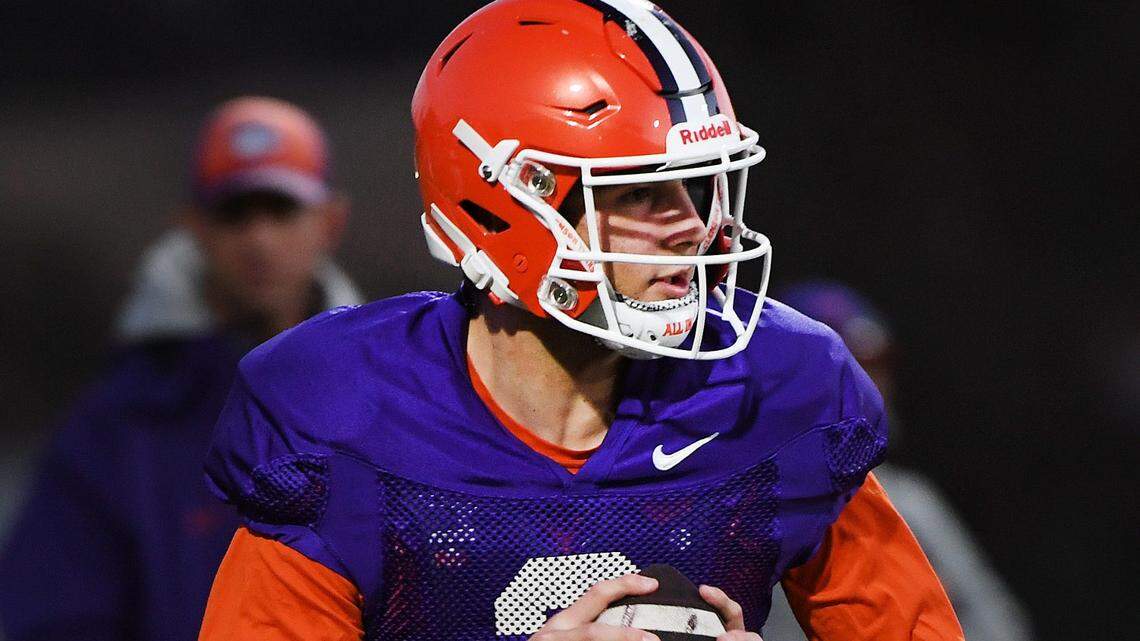 The Clemson Football Tigers prepare to face the Kentucky Wildcats in the 2023 Gator Bowl. The team held practice on Dec. 14, 2023 to prepare for the game. Clemson QB Cade Klubnik (2) goes through passing drills.