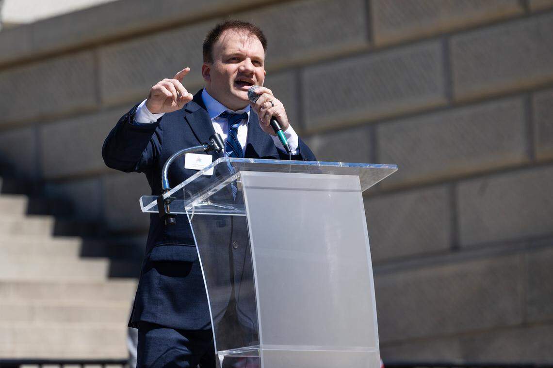 Kyle Freeman speaks at a No Kings rally at the South Carolina State House on Saturday, March 28, 2026. He is running for U.S. Senate. 