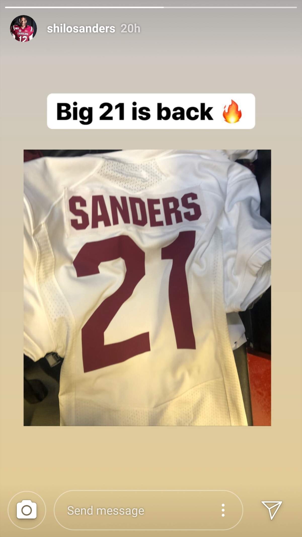 Shilo Sanders posted on his Instagram story he will be wearing his father’s No. 21 now at South Carolina.