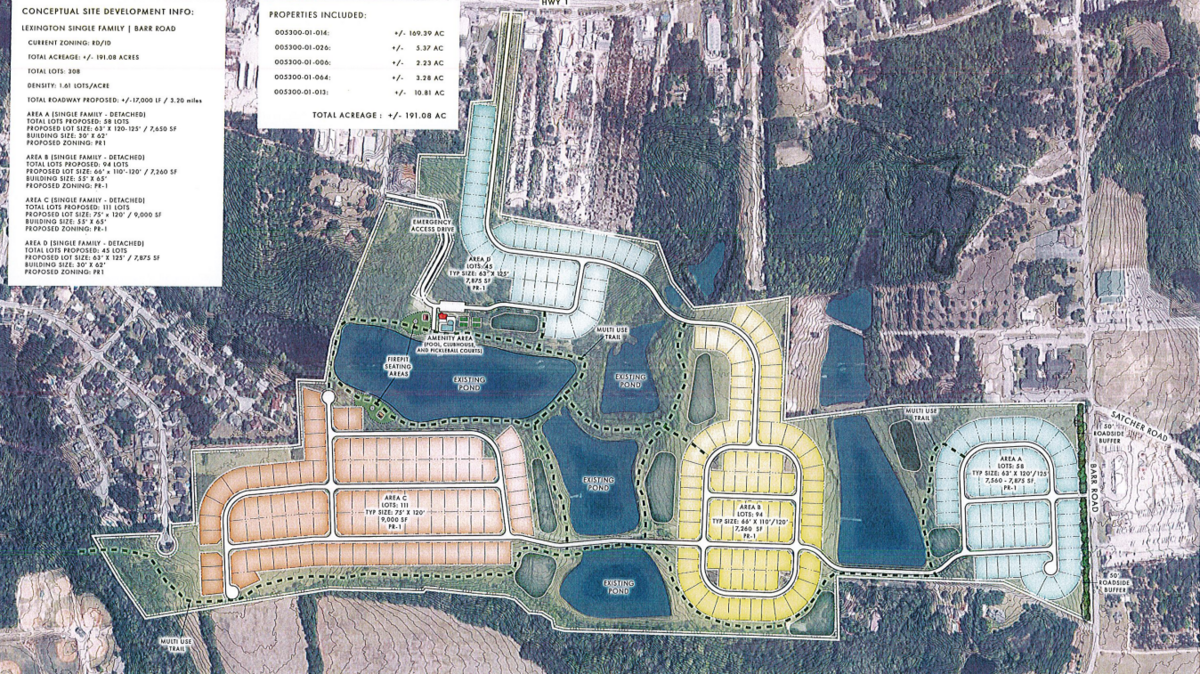 Plans for a new housing subdivision that would bring 308 homes to 191 acres off Barr Road and West Main Street in Lexington.