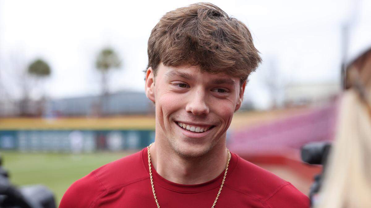 Amp Phillips (13) of South Carolina answers questions during Media Day at Founders Park in Columbia on Thursday, January 22, 2026.