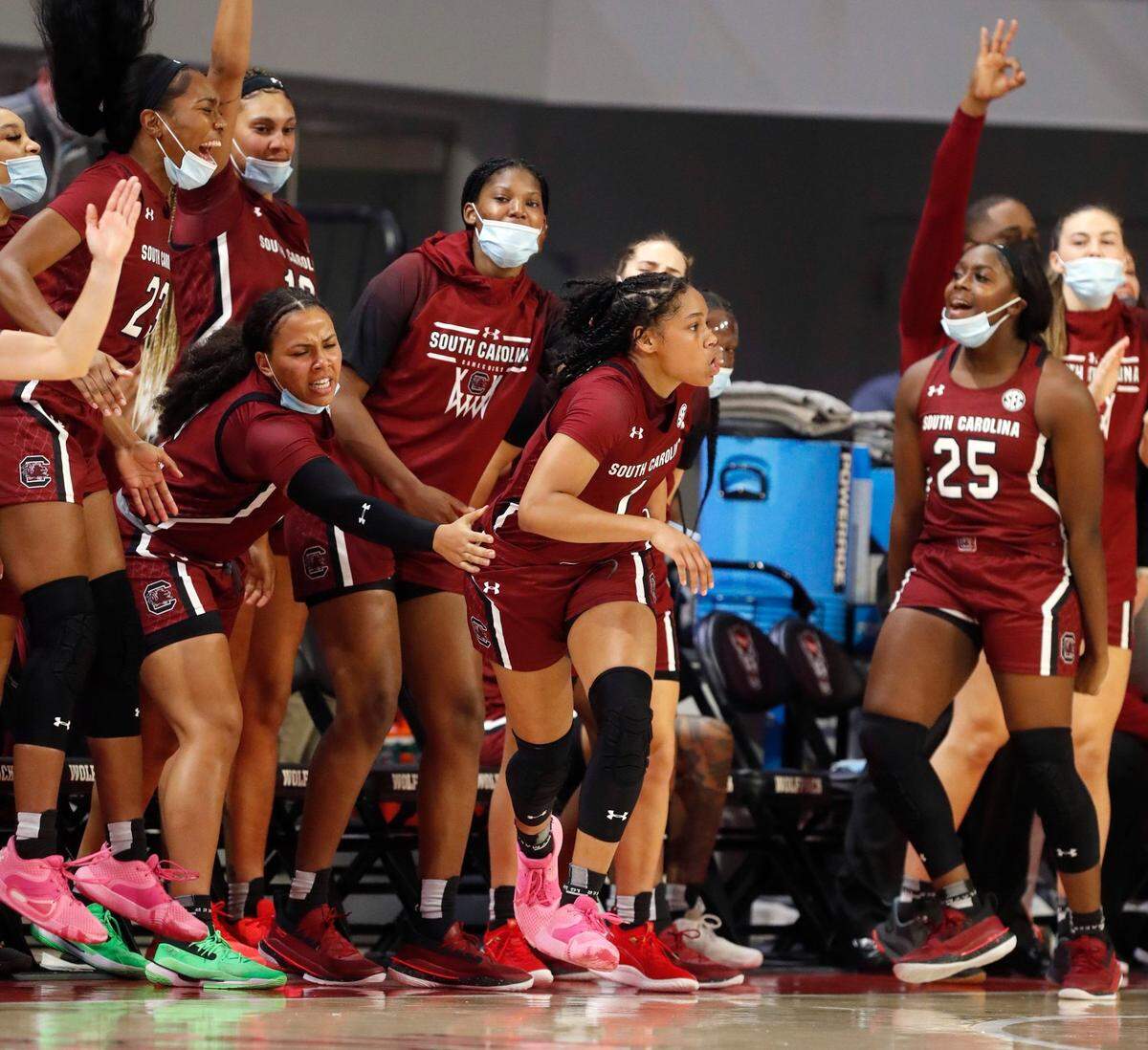 South Carolina’s Zia Cooke (1) heads back downcourt after hitting a three-pointer during the second half of South Carolinaís 66-57 victory over N.C. State at Reynolds Coliseum in Raleigh, N.C., Tuesday, November 9, 2021.