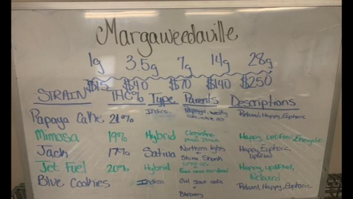 Among the items found during a search: A menu board that listed strains of marijuana for sale, portion options and prices, officials said.