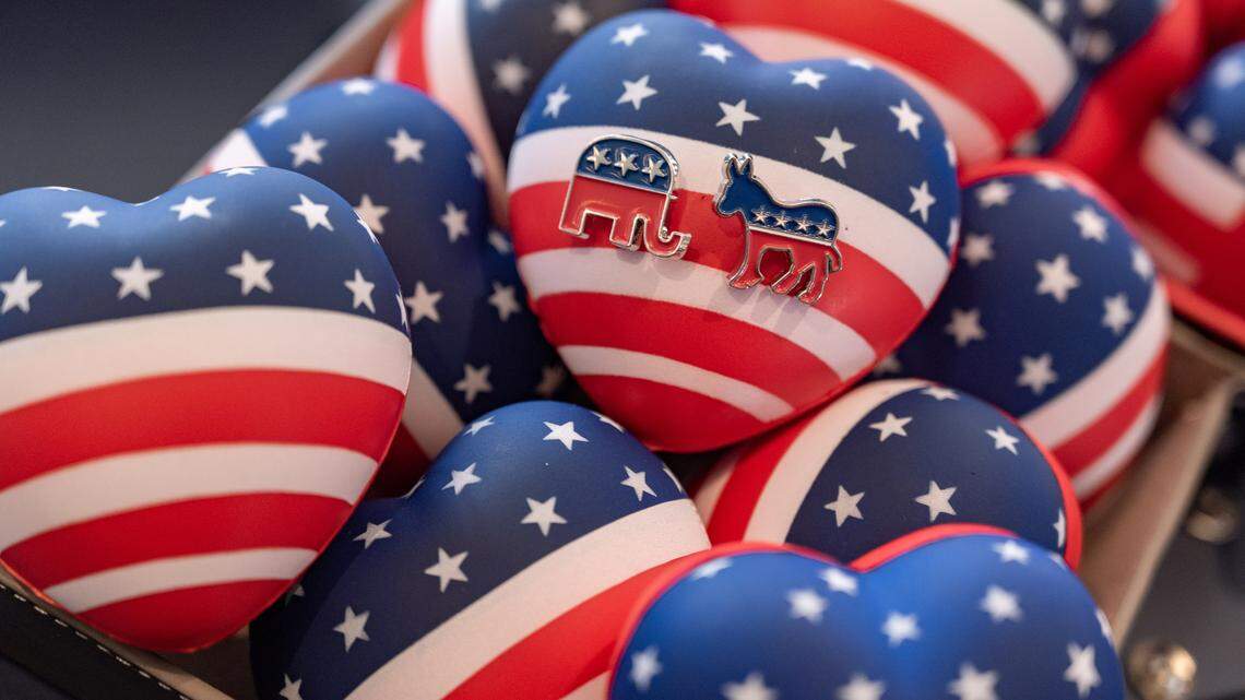 HONG KONG, CHINA - NOVEMBER 06: Buttons featuring "Democrat" and "Republican" logos are seen at an election watch party organized by the American Chamber of Commerce on November 06, 2024 in Hong Kong, China. People tuned in to watch the pivotal 2024 U.S. presidential election at venues and in homes across Asia, with the result having direct consequences for trade, security and geopolitics in the region. (Photo by Anthony Kwan/Getty Images)