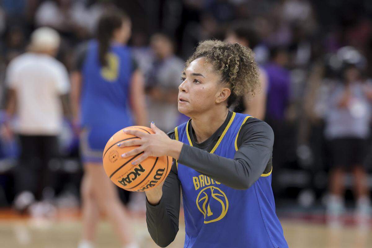 UCLA’s Kiki Rice shoots during practice at Mortgage Matchup Center in Phoenix on Saturday, April 4, 2026.
