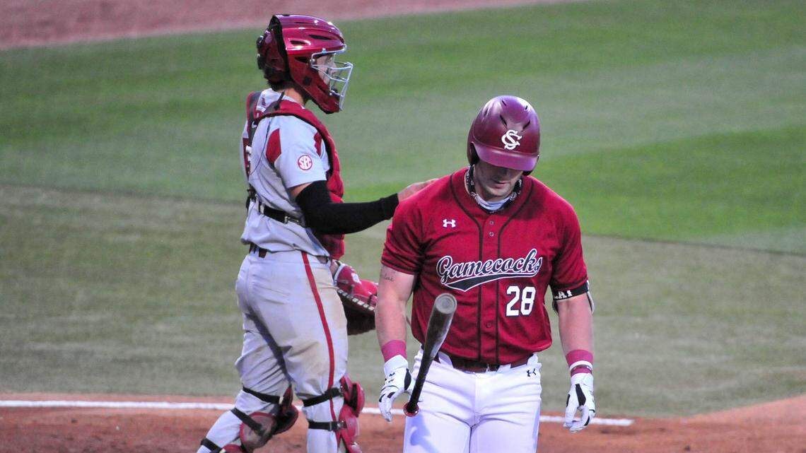 South Carolina baseball’s Wes Clarke walks back to the dugout after an at-bat during a game against Arkansas on April 23, 2021.