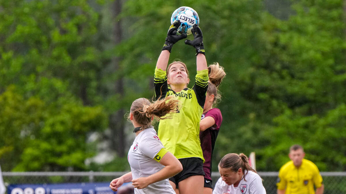 Maxine Palisin (1) deflects an attempted shot during the SCISA Class 4A State Girls Soccer Championship game of Hammond vs Porter Gaud on May 10, 2025 in Columbia, South Carolina