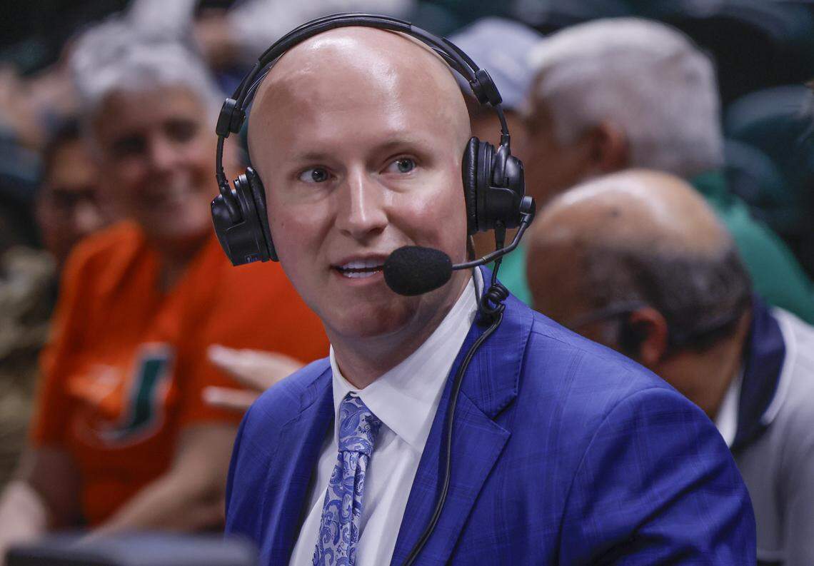 Terrence Oglesby is the color analyst for the basketball game between Boston College and the Miami Hurricanes at the University of Miami’s Watsco Center in Coral Gables, Florida, on Saturday, February 28, 2026. Oglesby, a former Clemson basketball player, is now an up-and-coming broadcaster for men's college basketball games.