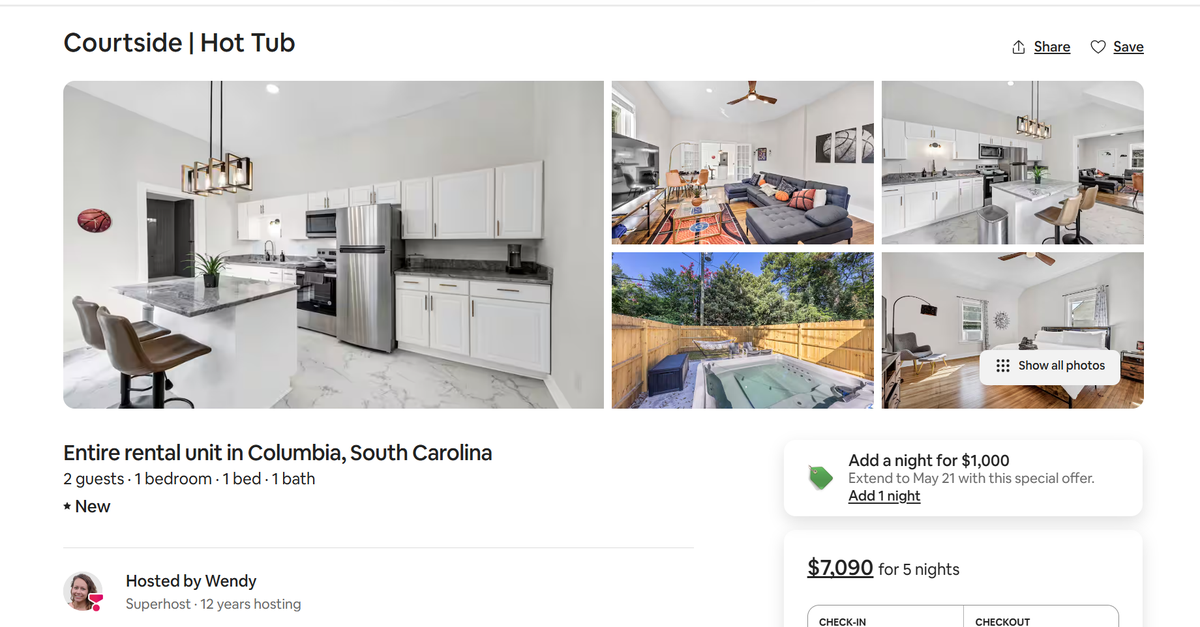 This screenshot shows an Airbnb rental in the Columbia area.