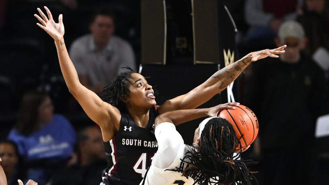 Vanderbilt guard Ciaja Harbison (11) shoots against South Carolina guard Kierra Fletcher, left, during the first half of an NCAA college basketball game Thursday, Jan. 19, 2023, in Nashville, Tenn.