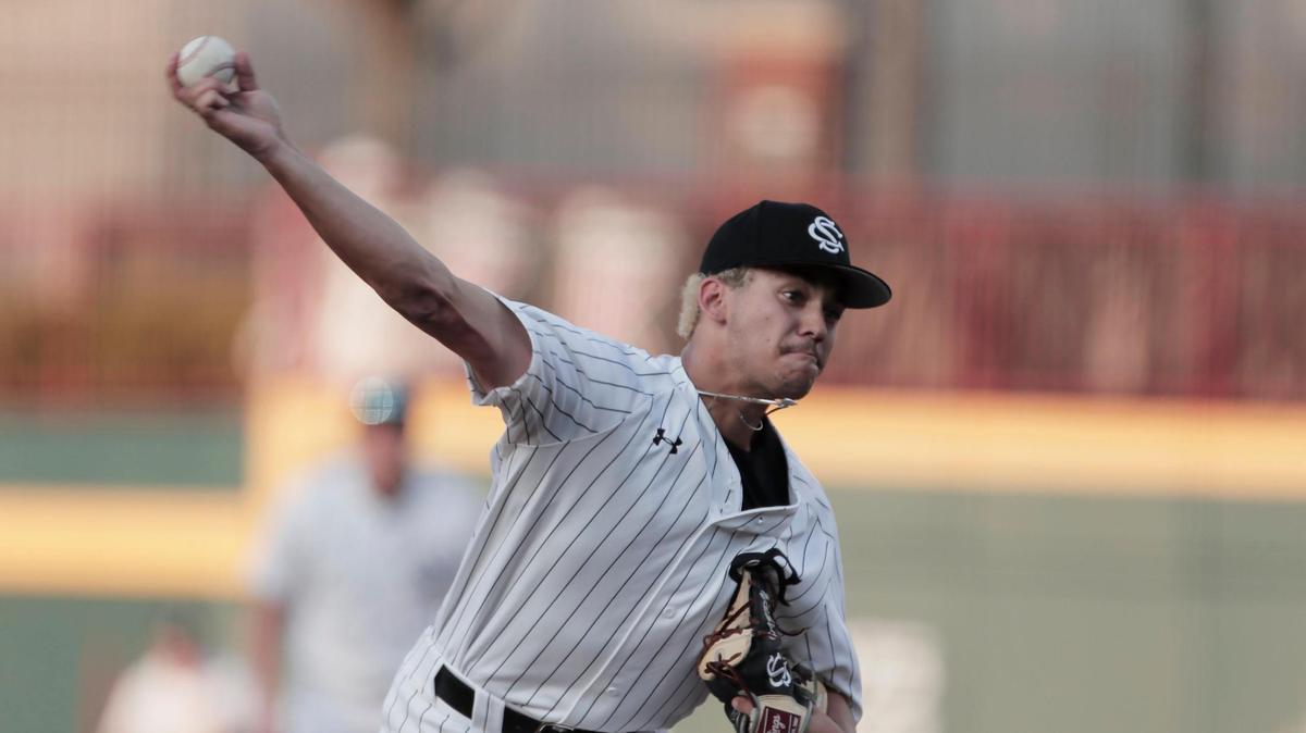 South Carolina’s Noah Hall pitches Friday against Alabama at Founders Park.