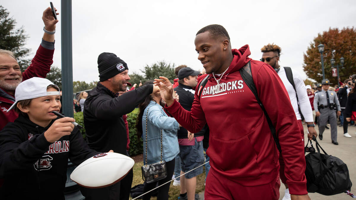 South Carolina Gamecocks running back MarShawn Lloyd (1) greets fans at Williams-Brice Stadium in Columbia, SC on Saturday, Oct. 29, 2022.