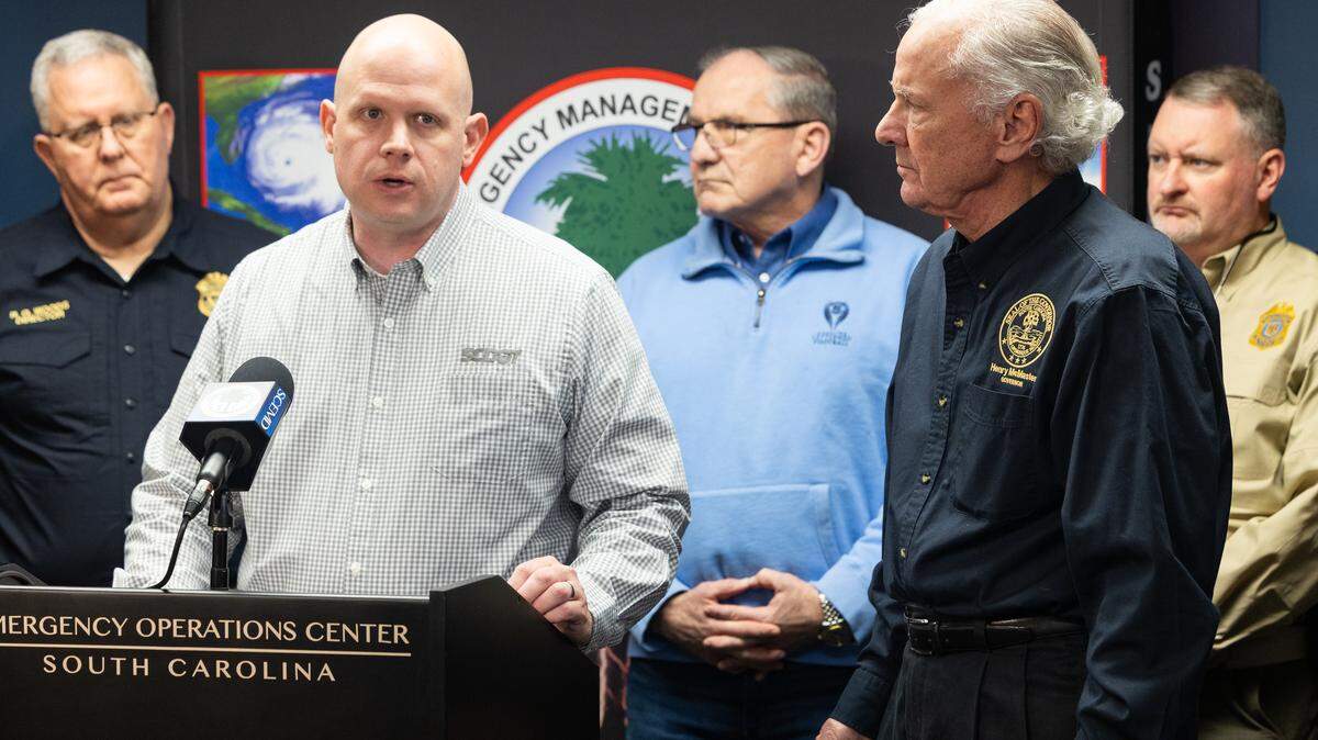South Carolina Governor Henry McMaster listens to South Carolina Secretary of Transportation Justin Powell speak to media about the upcoming winter storm at the state’s emergency management center on Saturday, January 24, 2026. 