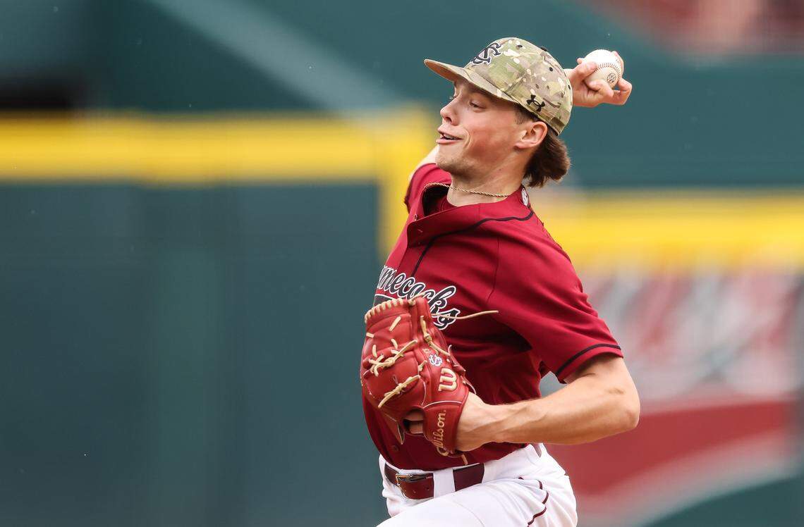 South Carolina pitcher Amp Phillips (13) pitches during South Carolina’s game against Navy at Founders Park in Columbia on Saturday, February 21, 2026.