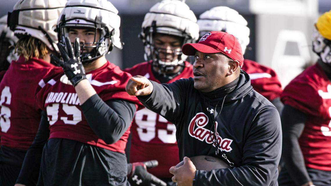 South Carolina defensive coordinator Clayton White directs players during spring practices.