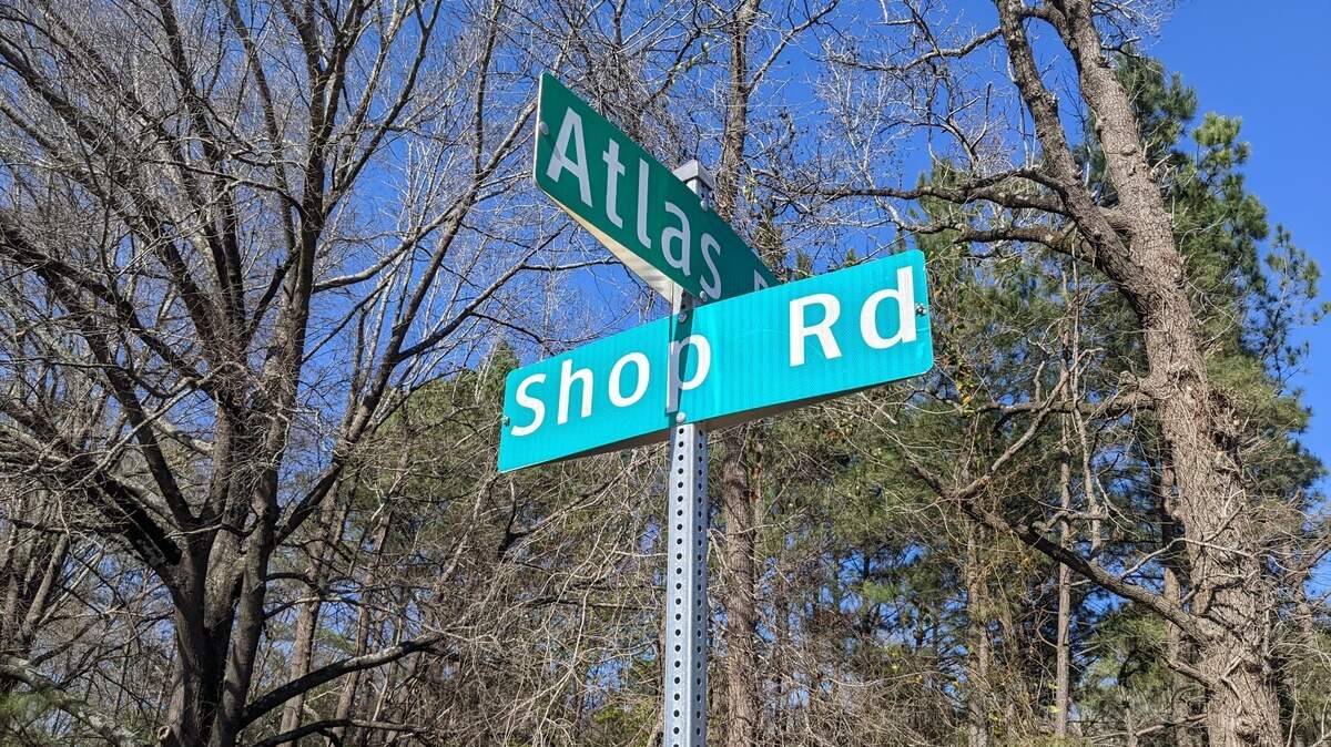 The intersection of Atlas Road and Shop Road.