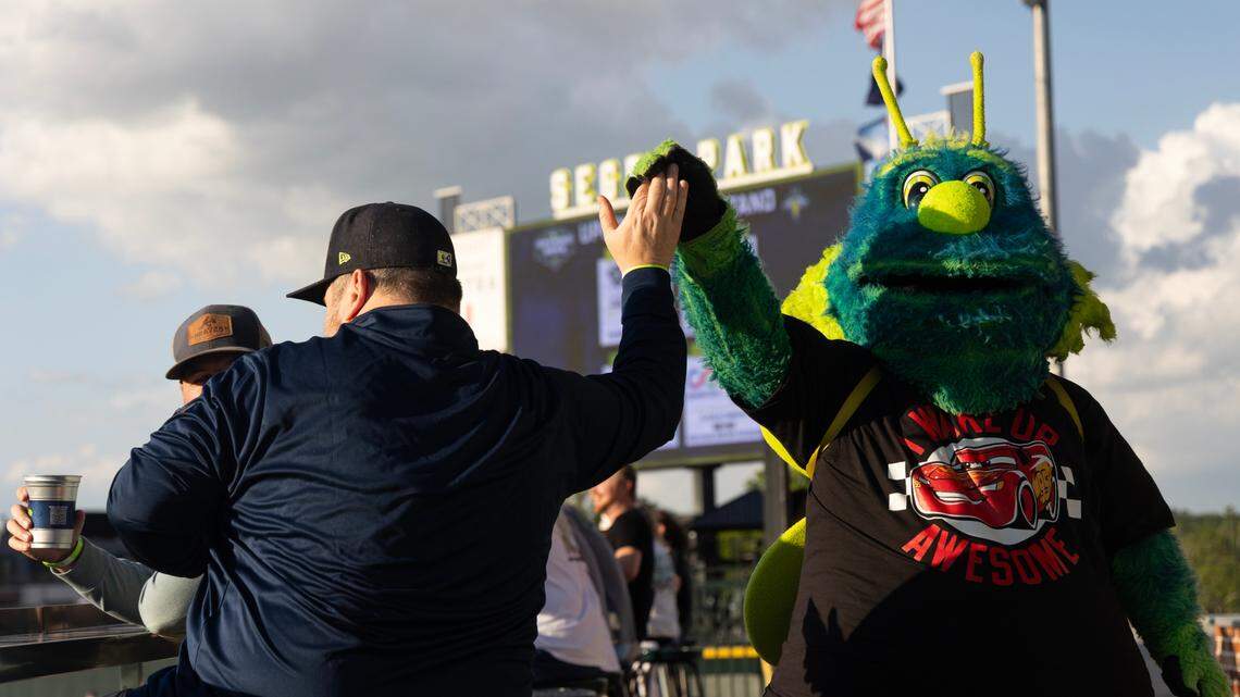 Mason, as performed by The State reporter Chris Trainor, entertains fans at Segra Park as the Fireflies play the Pelicans on Thursday, April 11, 2024.