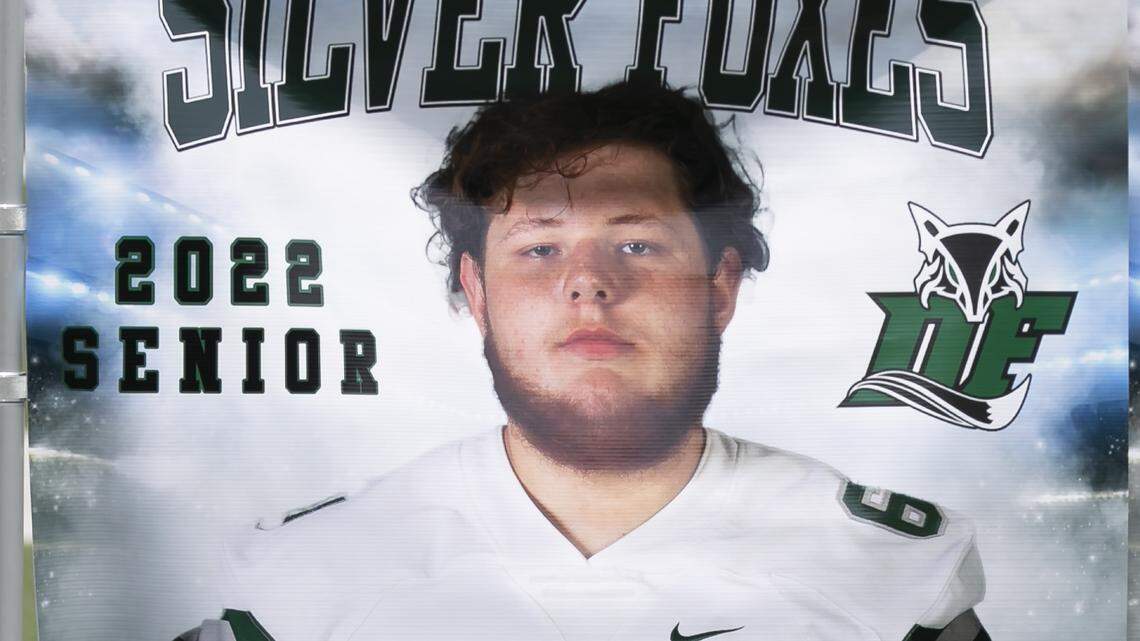 A photo of Jack Alkhatib’s senior portrait banner taken at Dutch Fork’s preseason media day event.