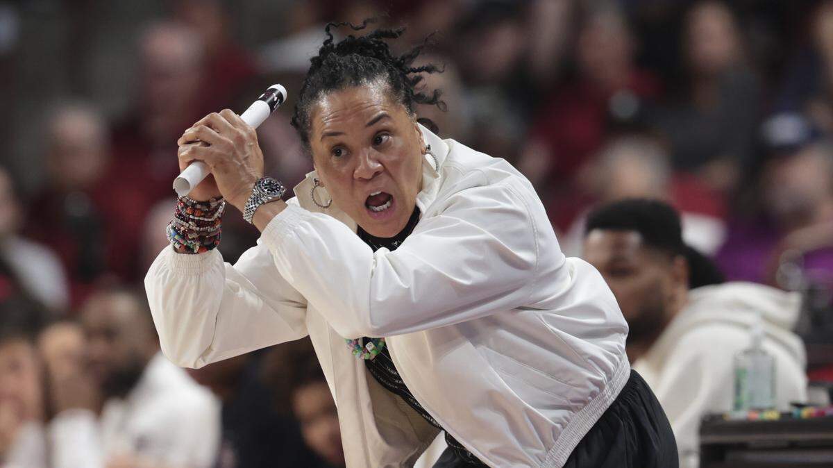 South Carolina's head coach Dawn Staley motions to her team during the first half of action of their women's basketball game against University of Southern California in the first round game of the NCAA Tournament at Colonial Life Arena on Monday, March 23, 2026.