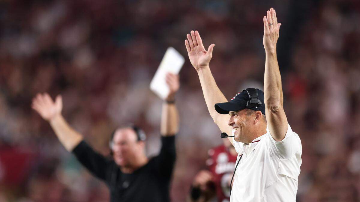 South Carolina head coach Shane Beamer celebrates a touchdown during second half of the Gamecocks’ game against Coastal Carolina at Williams-Brice Stadium in Columbia on Saturday, November 22, 2025.