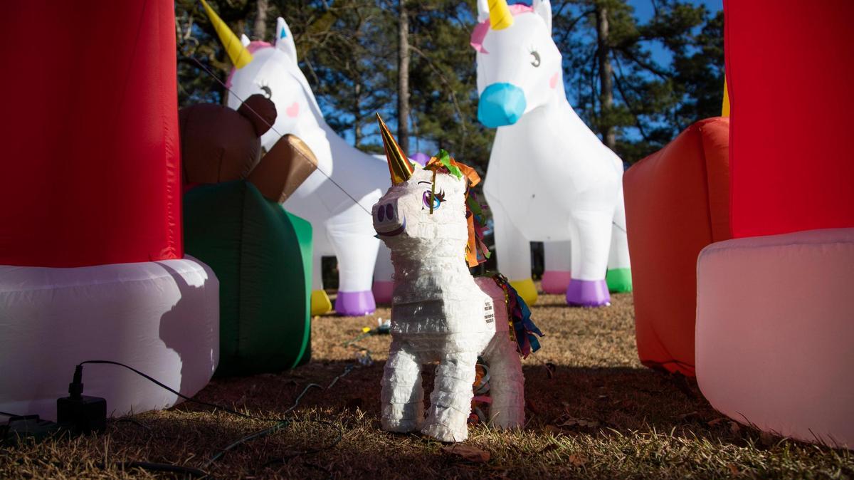 A unicorn piñata in Ed and Tracy McDonnell’s front yard in Columbia, South Carolina on Thursday, January 14, 2021. The festive display in their yard featured several unicorns, lining up to pass through an inflatable gate shaped like Santa Claus.