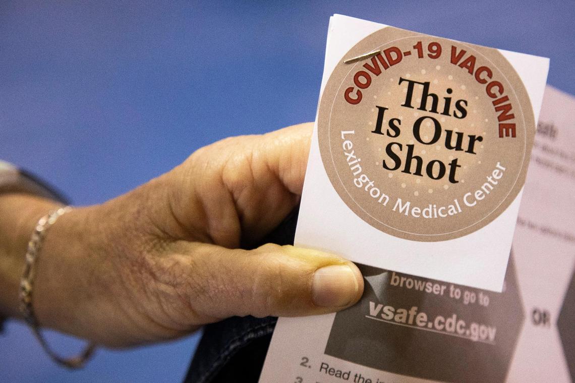 A sticker and pamphlet given to those who receive the coronavirus vaccine at Brookland Baptist Church on Thursday, March 11, 2021. The larger space will allow Lexington Medical Center to vaccinate more people each day.