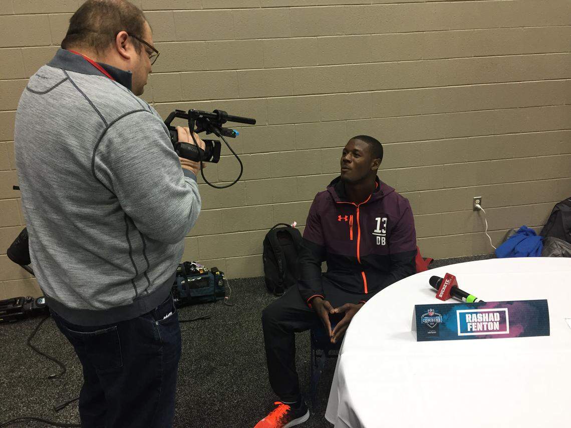 Rashad Fenton speaks to a reporter at the 2019 NFL Combine.