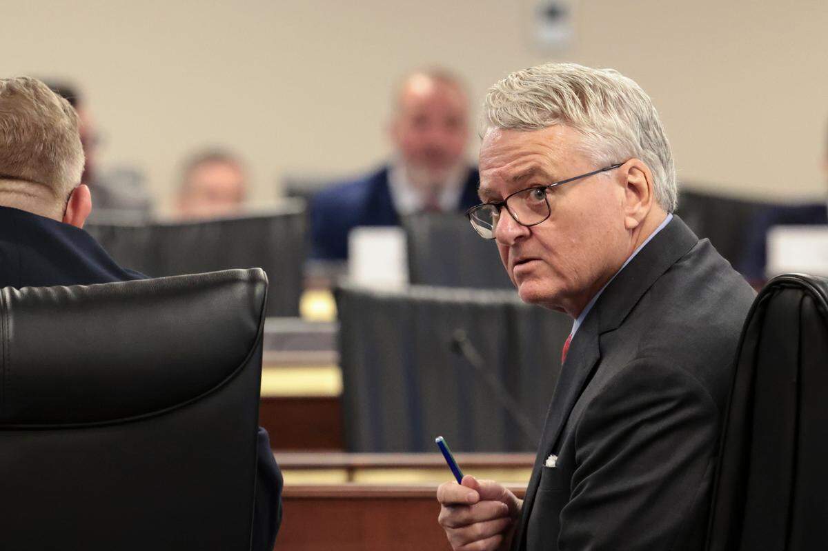 South Carolina treasurer Curtis Loftis looks to the back of the room while being questioned by a senate sub-committee on Thursday, Feb. 27, 2025.