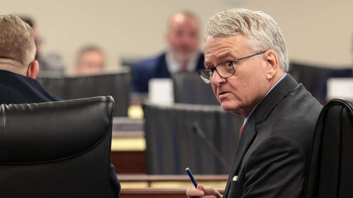 South Carolina treasurer Curtis Loftis looks to the back of the room while being questioned by a senate sub-committee on Thursday, Feb. 27, 2025.