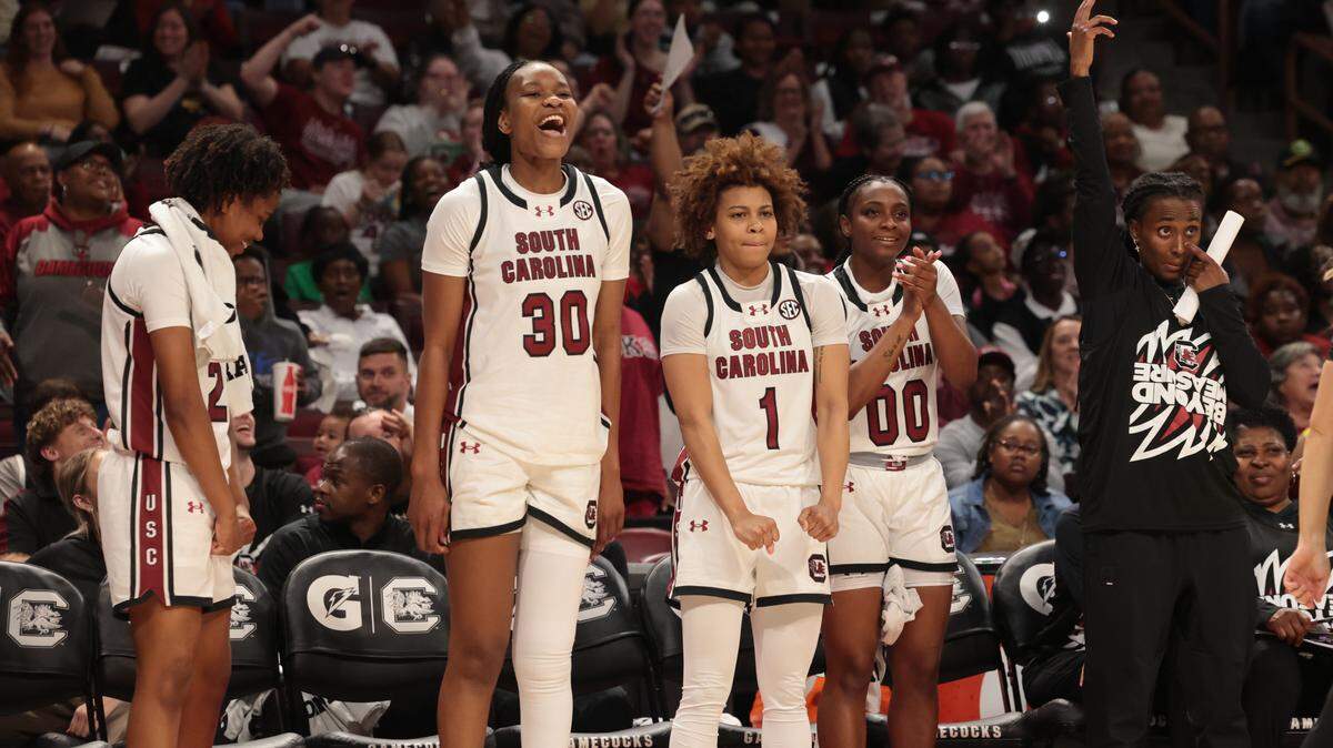 The Gamecocks celebrate during the second half of action against Anderson at the Colonial Life Arena on Friday Oct. 24, 2025.