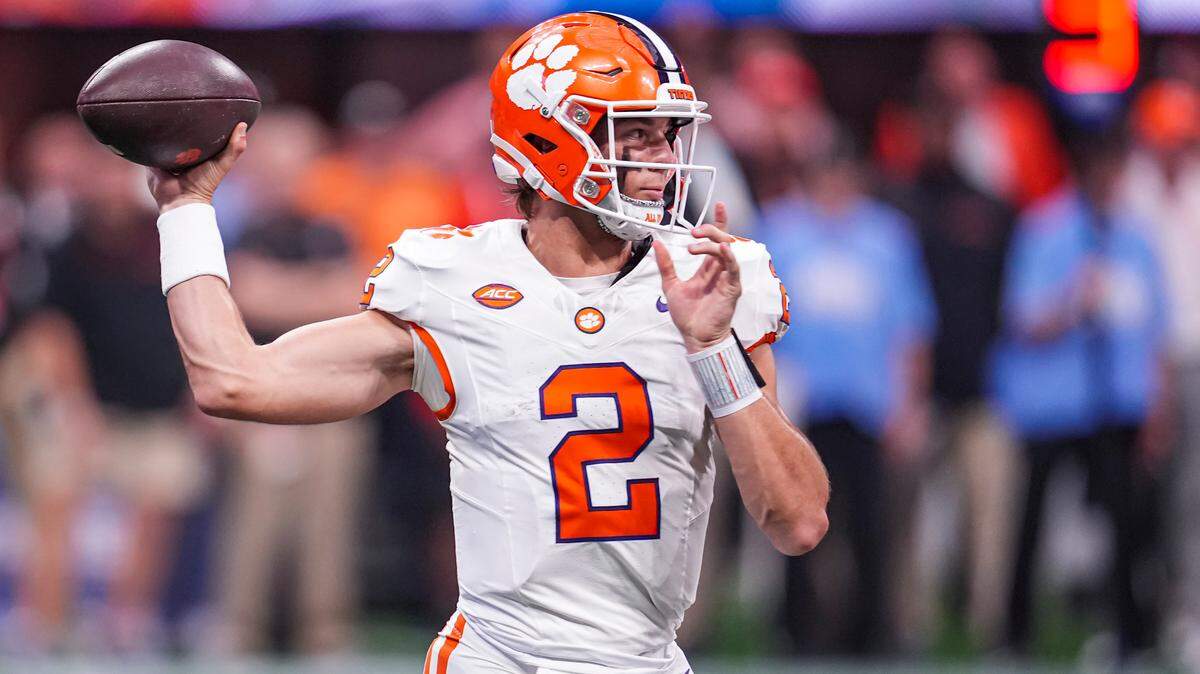 Clemson Tigers quarterback Cade Klubnik (2) passes against the Georgia Bulldogs during last week’s game at Mercedes-Benz Stadium.
