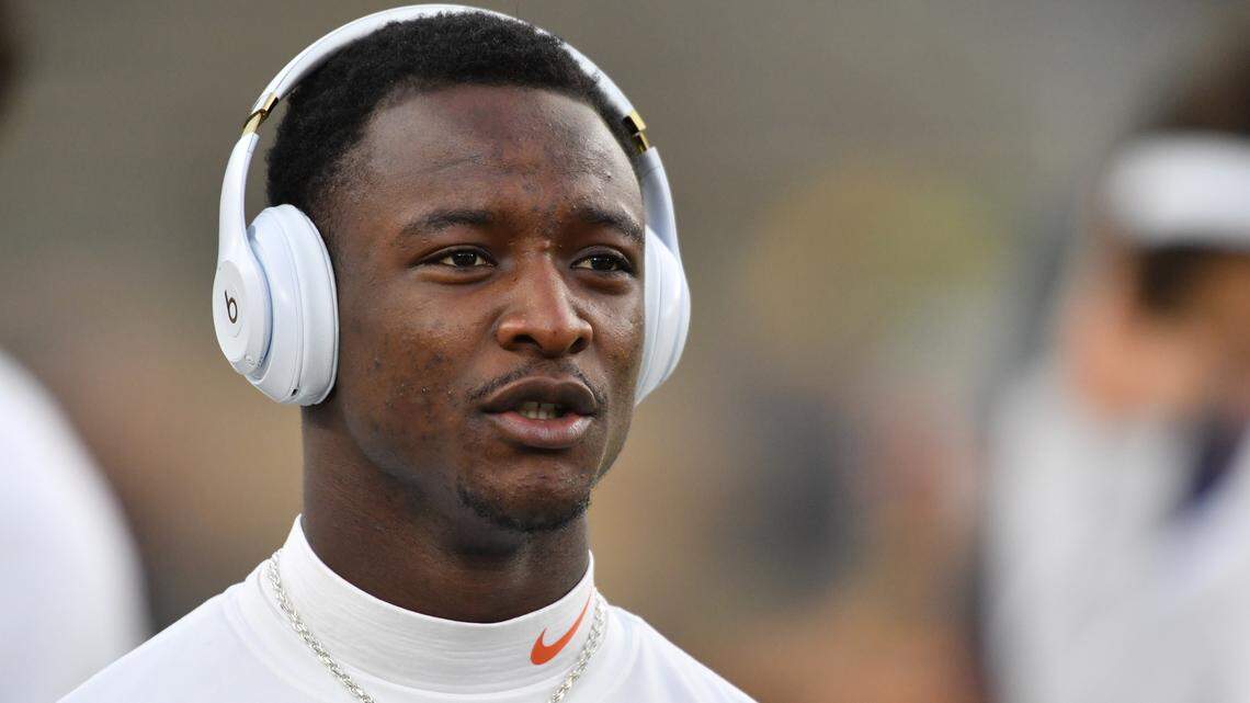 Nov 5, 2022; South Bend, Indiana, USA; Clemson Tigers safety Andrew Mukuba (1) warms up before the game against the Notre Dame Fighting Irish at Notre Dame Stadium. Mandatory Credit: Matt Cashore-USA TODAY Sports
