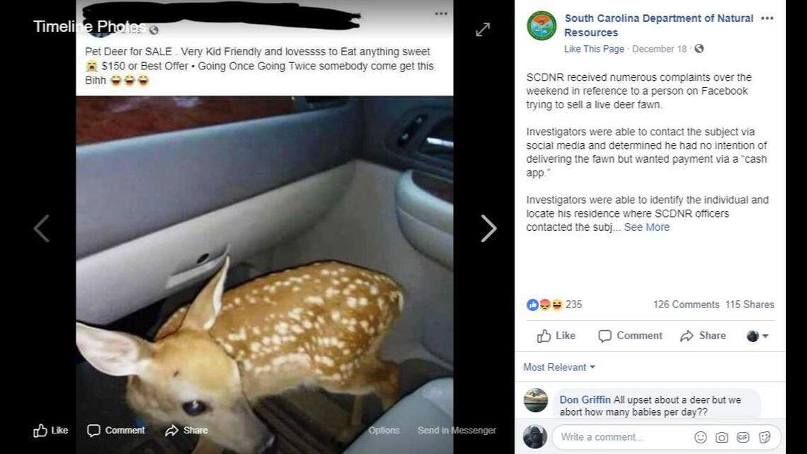This screen grab shows a scam on social media that led to an arrest by the South Carolina Department of Natural Resources.