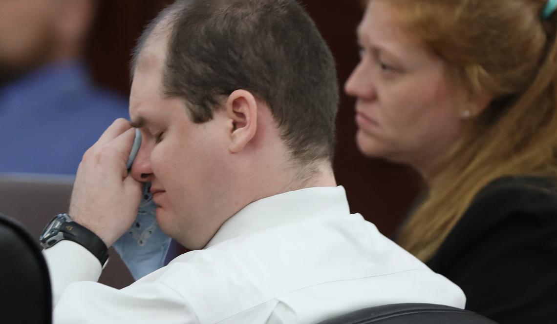 Tim Jones wipes his eyes during closing statements in his trial. Timothy Jones, Jr. is accused of killing his 5 young children in 2014. Jones, who faces the death penalty, has pleaded not guilty by reason of insanity. 6/3/19