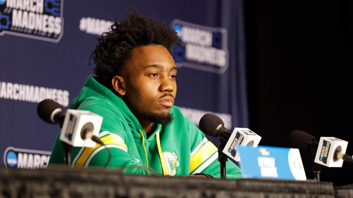 Oregon’s Jermaine Couisnard, a former South Carolina basketball player, speaks to media at the PPG Paints Arena on Wednesday, March 20, 2024.