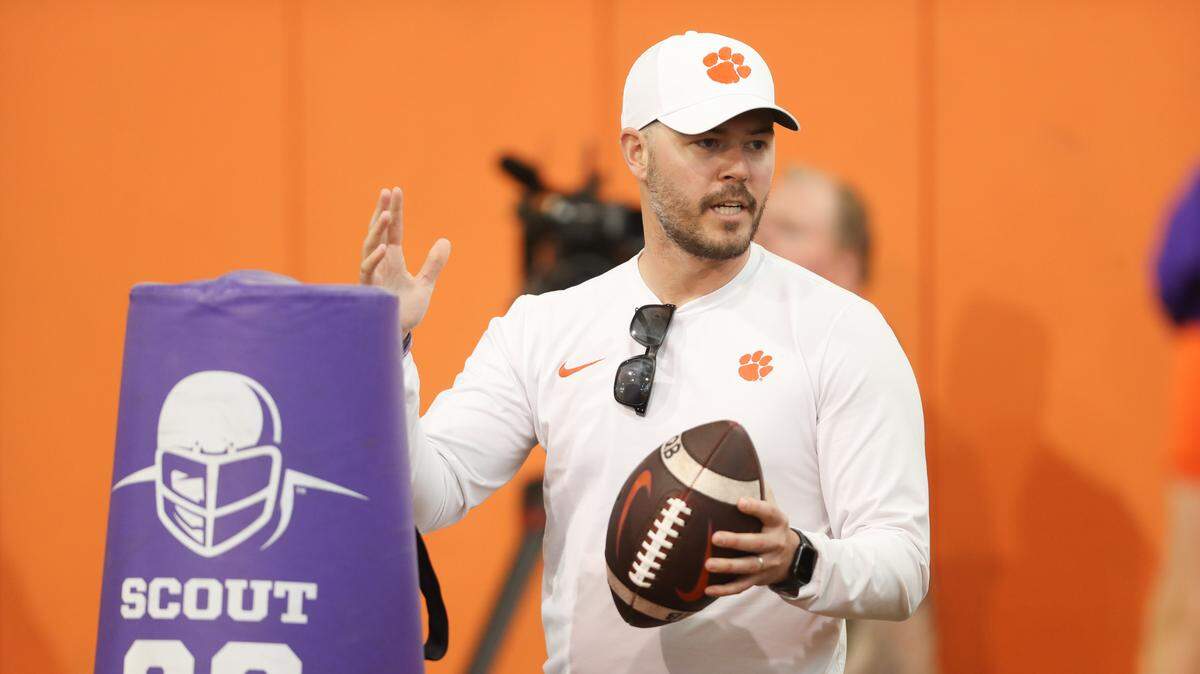 Clemson offensive coordinator Garrett Riley during 2023 spring practice