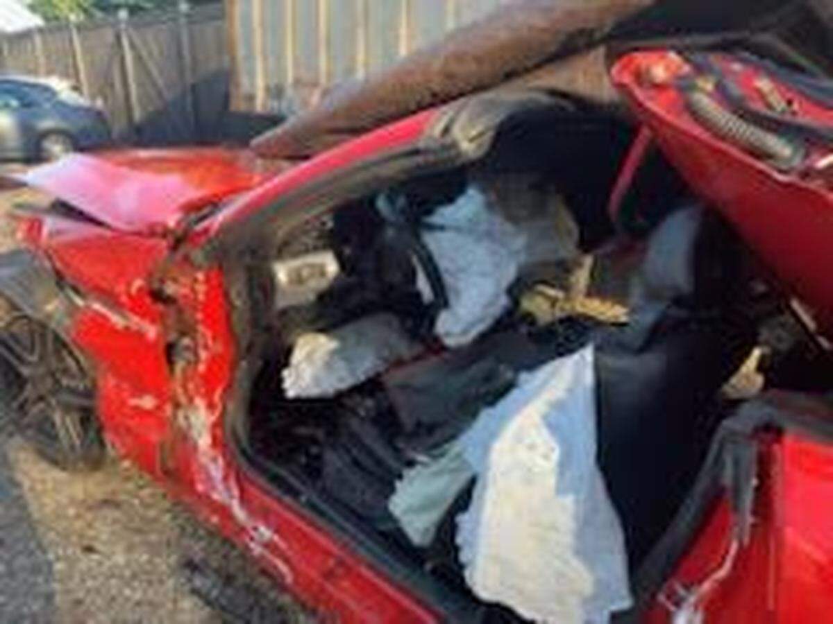 JJ Haselbarth’s car after the Feb. 20 wreck in which the Lexington High School student lost his leg.
