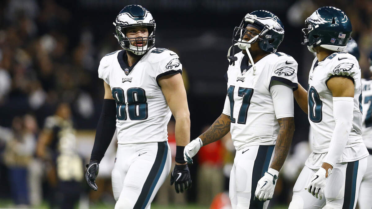 Philadelphia Eagles wide receiver Alshon Jeffery (17) reacts after the New Orleans Saints intercepted a pass in the second half of an NFL divisional playoff football game in New Orleans, Sunday, Jan. 13, 2019. The Saints won 20-14 to advance to the NFC Championship.