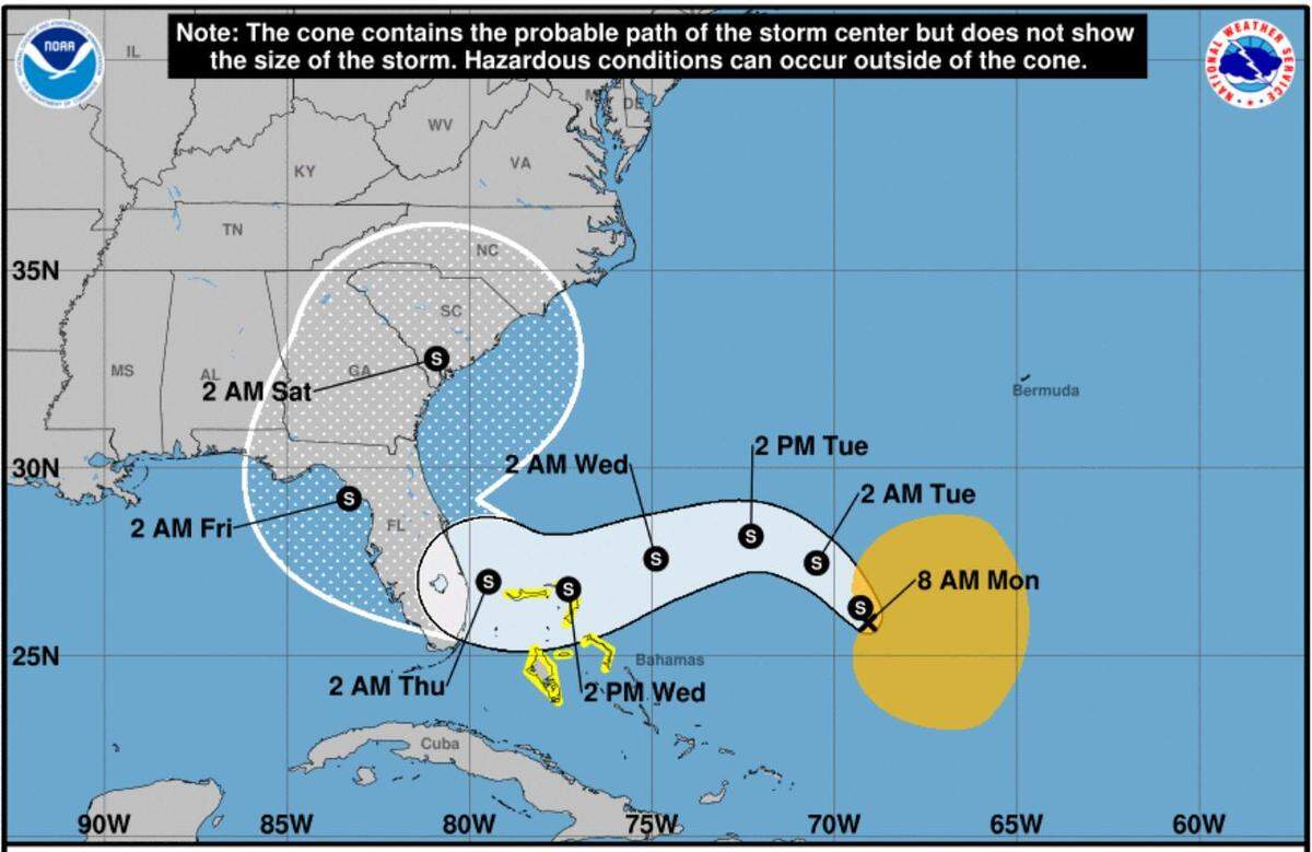 The current track for subtropical storm Nicole forecasts it to hit South Carolina.