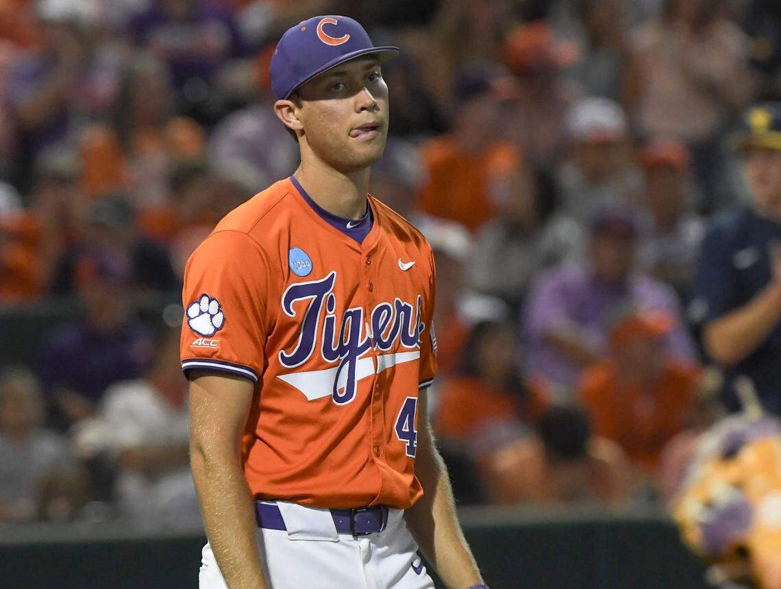Clemson senior Lucas Mahlstedt (47) reacts after getting out of the game during the top of the ninth inning at the NCAA baseball Clemson Regional at Doug Kingsmore Stadium in Clemson, S.C. Saturday, May 31, 2025.