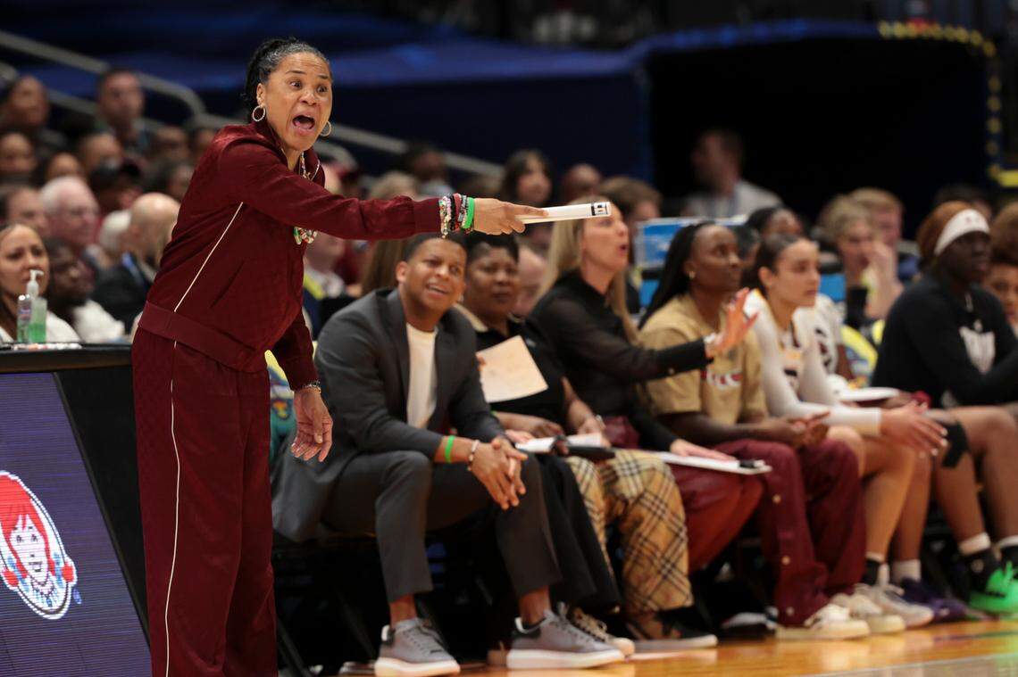 University of South Carolina Head Coach Dawn Staley yells to her team during the first half of action against Texas at Amalie Arena in Tampa, Fla. on Friday, April 4, 2025.