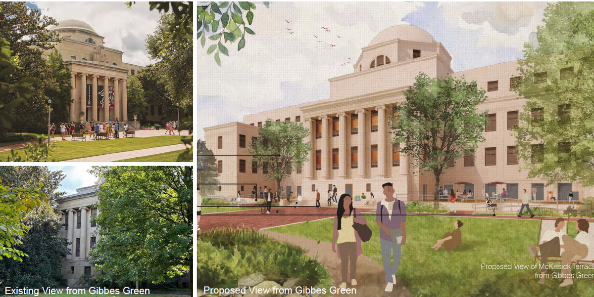 An exterior rendering of the refreshed McKissick Building, located at the east corner of the historic Horseshoe within the University of South Carolina’s campus core. The 86-year-old building will undergo a $55 million renovation beginning in fall 2026.