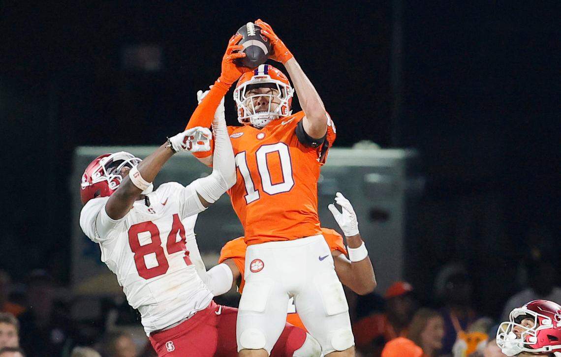 Clemson cornerback Jeadyn Lukus (10) intercepts a pass intended for Stanford wide receiver Ismael Cisse (84) during first-half action in Clemson, S.C. on Saturday, Sept. 28, 2024.